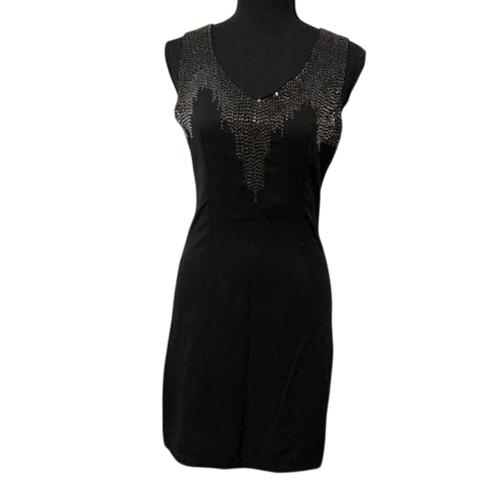 Esley Sleeveless Black Dress Zip Back Silver‎ Beading V Neck Slim Fit Party S
